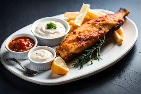 Um Prato De Peixe E Batatas Fritas Molhos Foto Premium