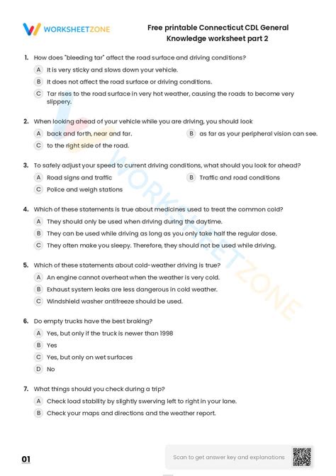 Free Printable Connecticut CDL General Knowledge Worksheet Part 2