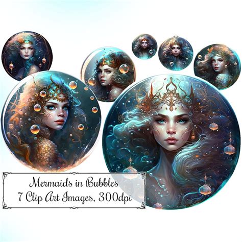 Fantasy Mermaids In Bubbles Clip Art Glowing Orange And Teal Etsy