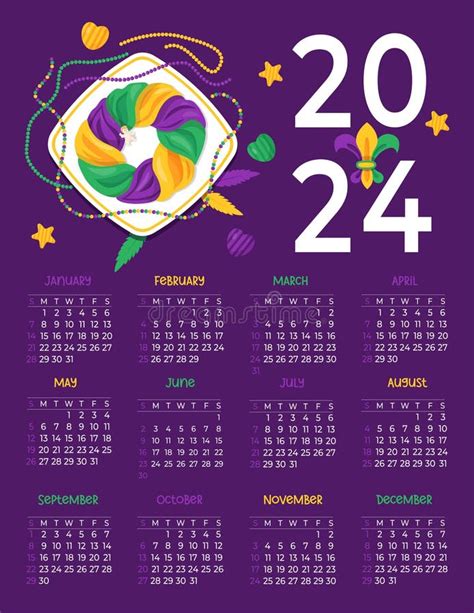 Calendario Anual De 2024 Carnaval De Mardi Gras Pastel De Rey Festivo