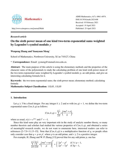 Pdf On The Sixth Power Mean Of One Kind Two Term Exponential Sums