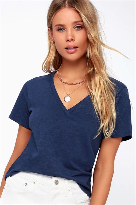 Essential Navy Blue V Neck Tee Navy Blue Tee Cropped Tee Lulus