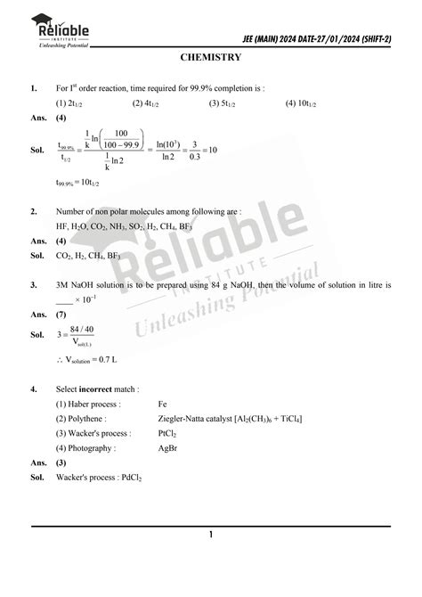 Solution Jee Main 27 Jan 2024 Shift 2 Chemistry Memory Based Paper