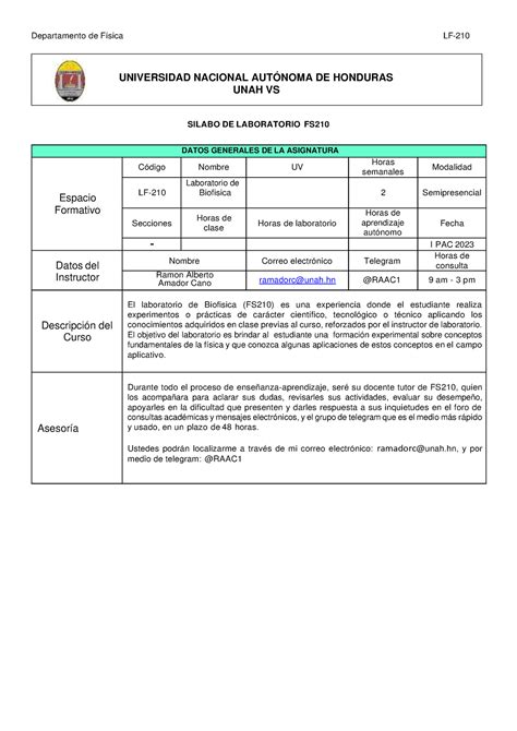 Silabo De Laboratorio Fs Departamento De F Sica Lf Silabo De