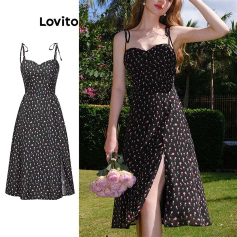 Lovito Women Boho Ditsy Floral Split Front Lace Up Zipper Dress