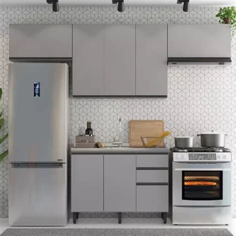 Cozinha Compacta 280cm 4 Peças 7 Portas 3 Gavetas Belize Henn Cinza