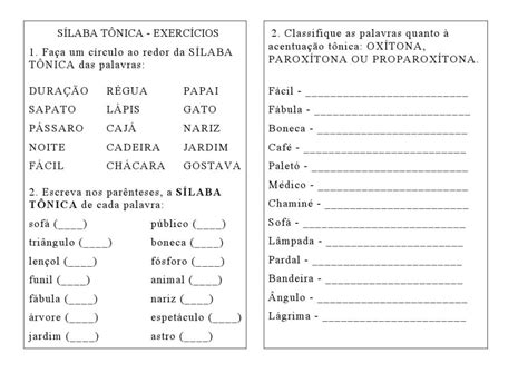 Sílaba Tônica - Exercícios 6 Ano Com Gabarito
