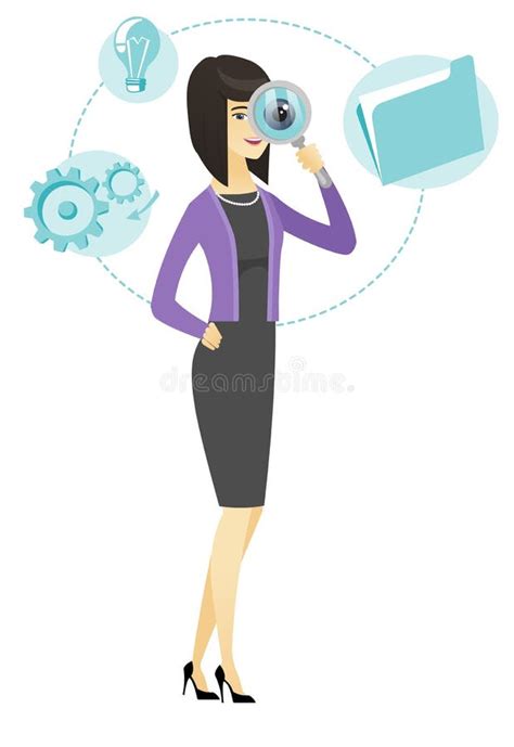 Asian Business Woman With Magnifying Glass Stock Vector Illustration