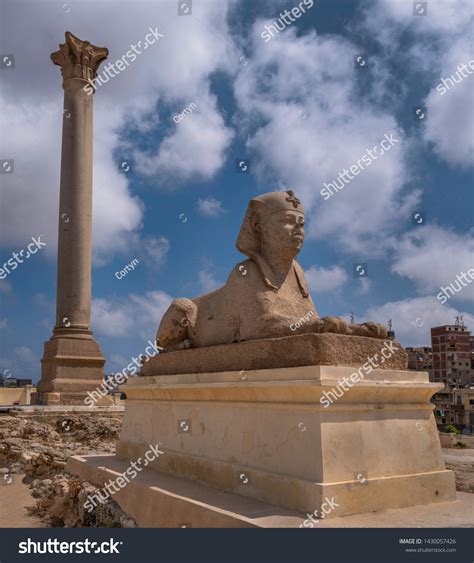 Pompeys Pillar Sphinx Serapeum Alexandria Egypt Stock Photo 1430057426