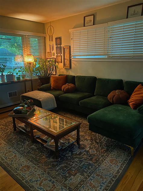 Cozy Fall Living Room Green Couch Living Room Apartment Aesthetic