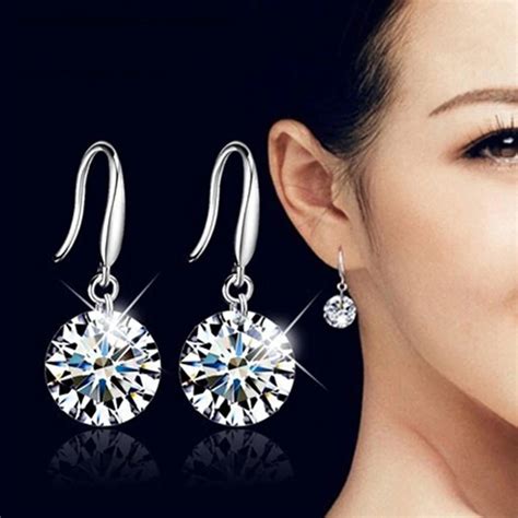 Big 925 Sterling Silver Hook Pieced Round Fancy Crystal Drop Earrings