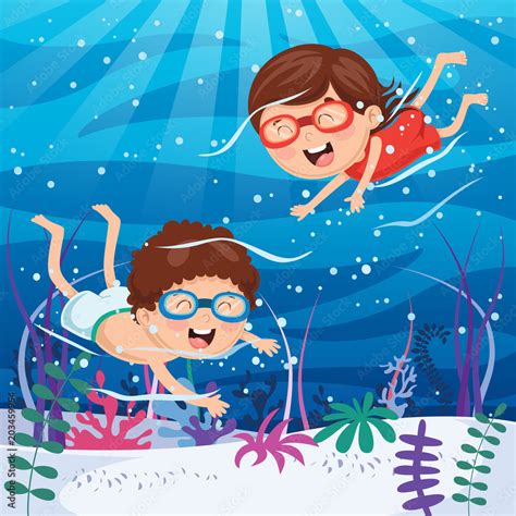 Vector Illustration Of Kids Swimming Underwater Stock Vector | Adobe Stock