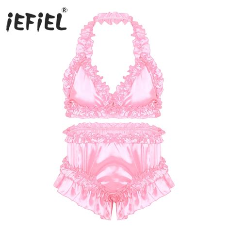 Mens Sissy Panties Satin Frilly Ruffled Lingerie Set Full Cut Bra Tops