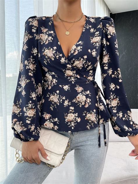 Floral Print Lantern Sleeve Tie Side Blouse In 2024 Classy Casual