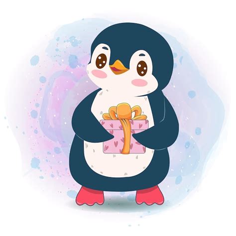 Vetor Um Pinguim Bonito Dos Desenhos Animados Caixa De Presente