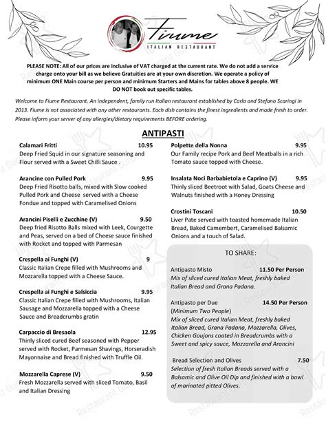 Menu At Fiume Italian Bar And Restaurant Wolverhampton