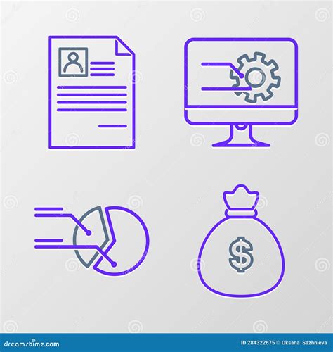 Set Line Money Bag Pie Chart Infographic Computer Monitor With And