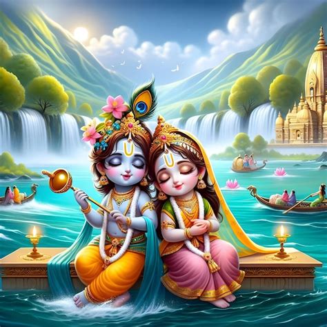 A cute pic of radhe Krishna with zula river | Premium AI-generated image