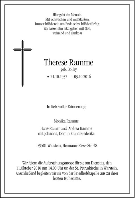 Traueranzeigen Von Therese Ramme Trauer In Nrw De