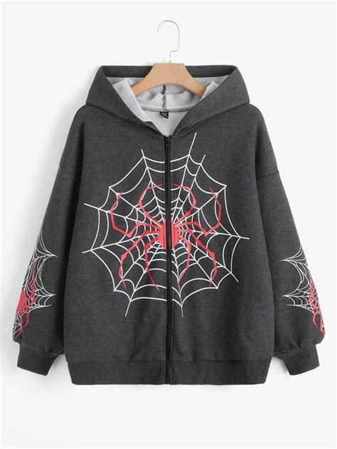 Shein Ezwear Mais Capuz Impress O De Teia De Aranha Fechar Ombro Ca Do