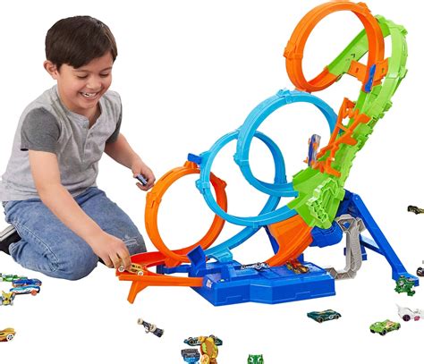 Hot Wheels Track Set With 4 Loops 3 Way Crash Zone Motorized Booster Folds For Storage With