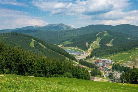 View Over The Bukovel Ski Resort Carpathian Mountains Ukraine Europe