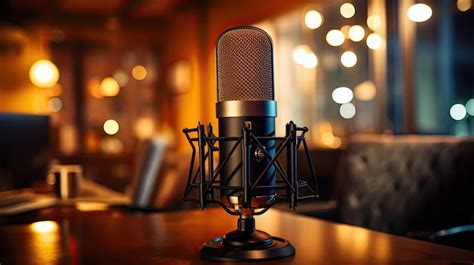 Premium AI Image | A microphone on a desk in a cozy modern podcast ...