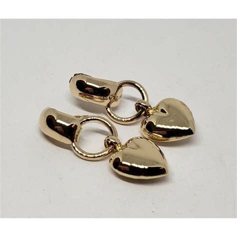 14k Yellow Gold Puffed Heart Drop Dangle Friction Back Love Earrings 1