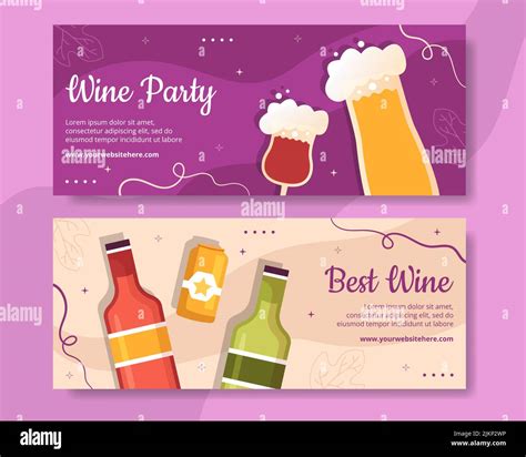 Wine Party Horizontal Banner Template Flat Cartoon Background Vector