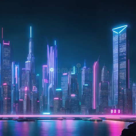 Urban Cityscape At Night With Futuristic Neon Lights Stock Illustration