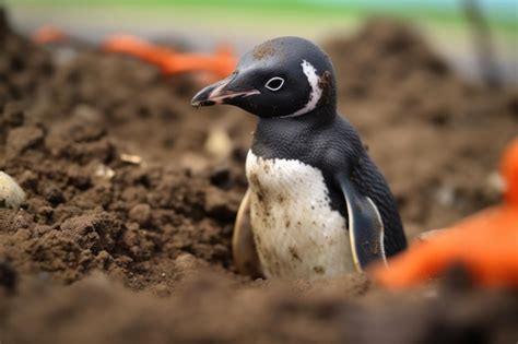 Premium AI Image Crying Penguin Standing On Dirt In Winter Without