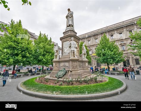 Milan Italy The Leonardo Da Vinci Statue In The Piazza Della Scala