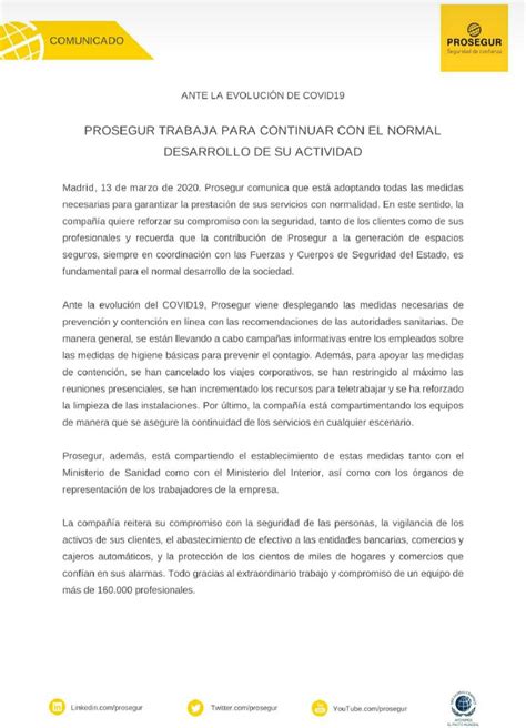 Comunicado Prosegur En Relaci N Al Coronavirus Secci N Sindical De