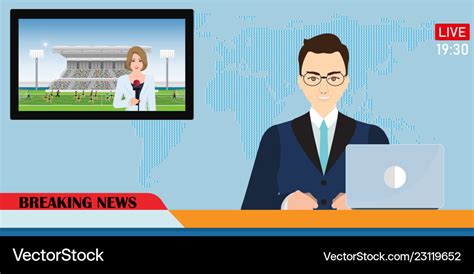 News Anchor Broadcasting The With A Reporter Vector Image