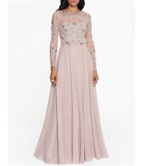 Xscape Illusion Crew Neck Long Sleeve Floral Beaded Bodice Chiffon Gown