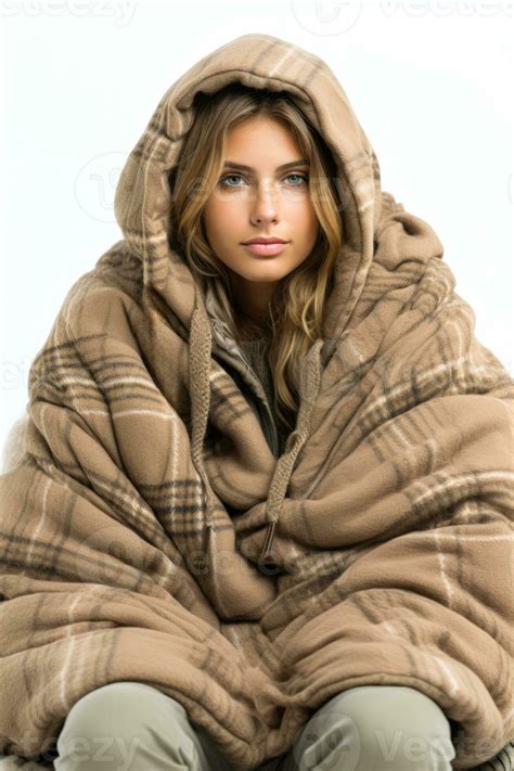 Individual wrapped in cozy blanket bracing autumn chill isolated on a white background 29942237 ...