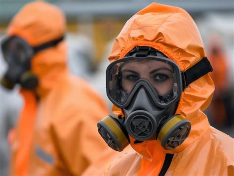 Woman Wearing Hazmat Suit And Gas Mask Protective Gear Safety Equipment