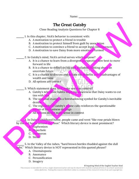 The Great Gatsby Chapter Close Reading Analysis Worksheet Teaching