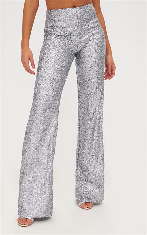 Silver Sequin Wide Leg Pants Prettylittlething Usa