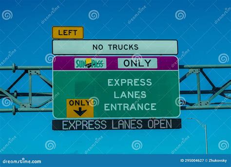 Sunpass Toll System Express Lanes Entrance Sign On Us 1 South Near Miami Florida Editorial