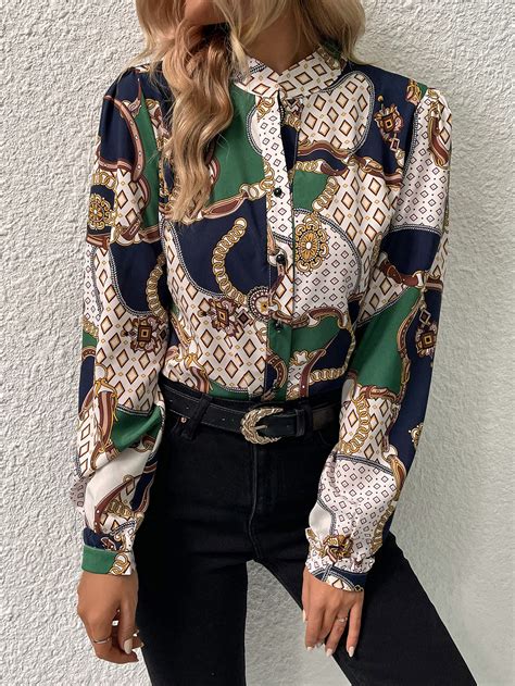 Shein Clasi Camisa De Cuello V Con Estampado Geom Trico De Cadena