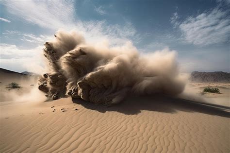 Explosión gigante de arena en el desierto con nubes de polvo y