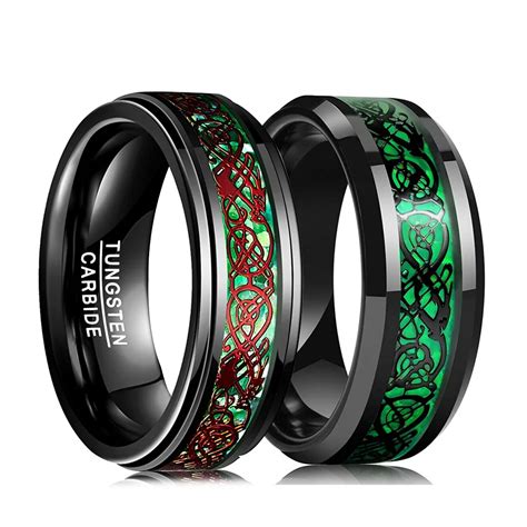 Fashion 8mm Mens Black Tungsten Carbide Rings Red Celtic Dragon Green Carbon Fiber Men Stainless