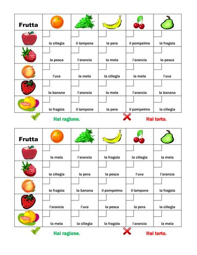 Frutta E Verdura Fruits And Vegetables In Italian Grid Vocabulary