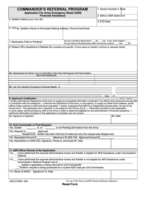 Fillable Aer Form Application For Army Emergency Relief Aer