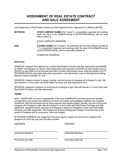 Assignment Of Real Estate Contract And Sale Agreement Template Download