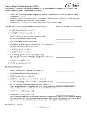 Fillable Online Www2 Cortland Transfer Planning Sheet Recreation REC