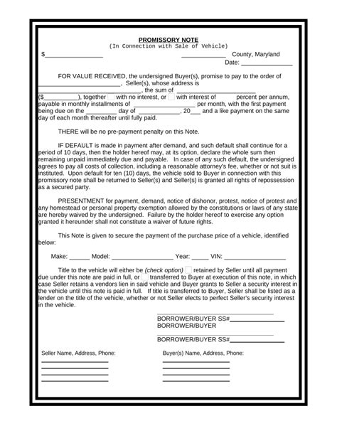 Promissory Note In Connection With Sale Of Vehicle Or Automobile