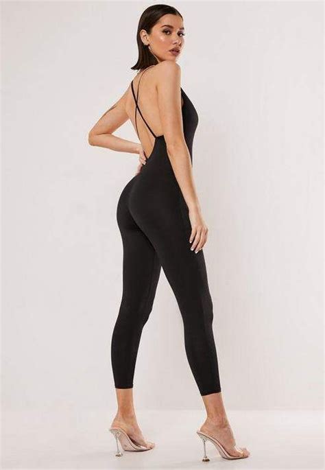 Missguided Black Slinky Strappy Back Unitard Female Modeling Poses