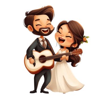 Cute Cartoon Beautiful Bride And Groom Couples Playing Guitar